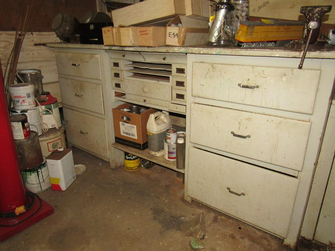 Workbench: Approx 25 1/2" x 78" x 37" tall. DOES NOT INCLUDE ITEMS ON IT. IT DOES INCLUDE PAINT. Buyer must remove from wall. Has brackets with screws holding it.