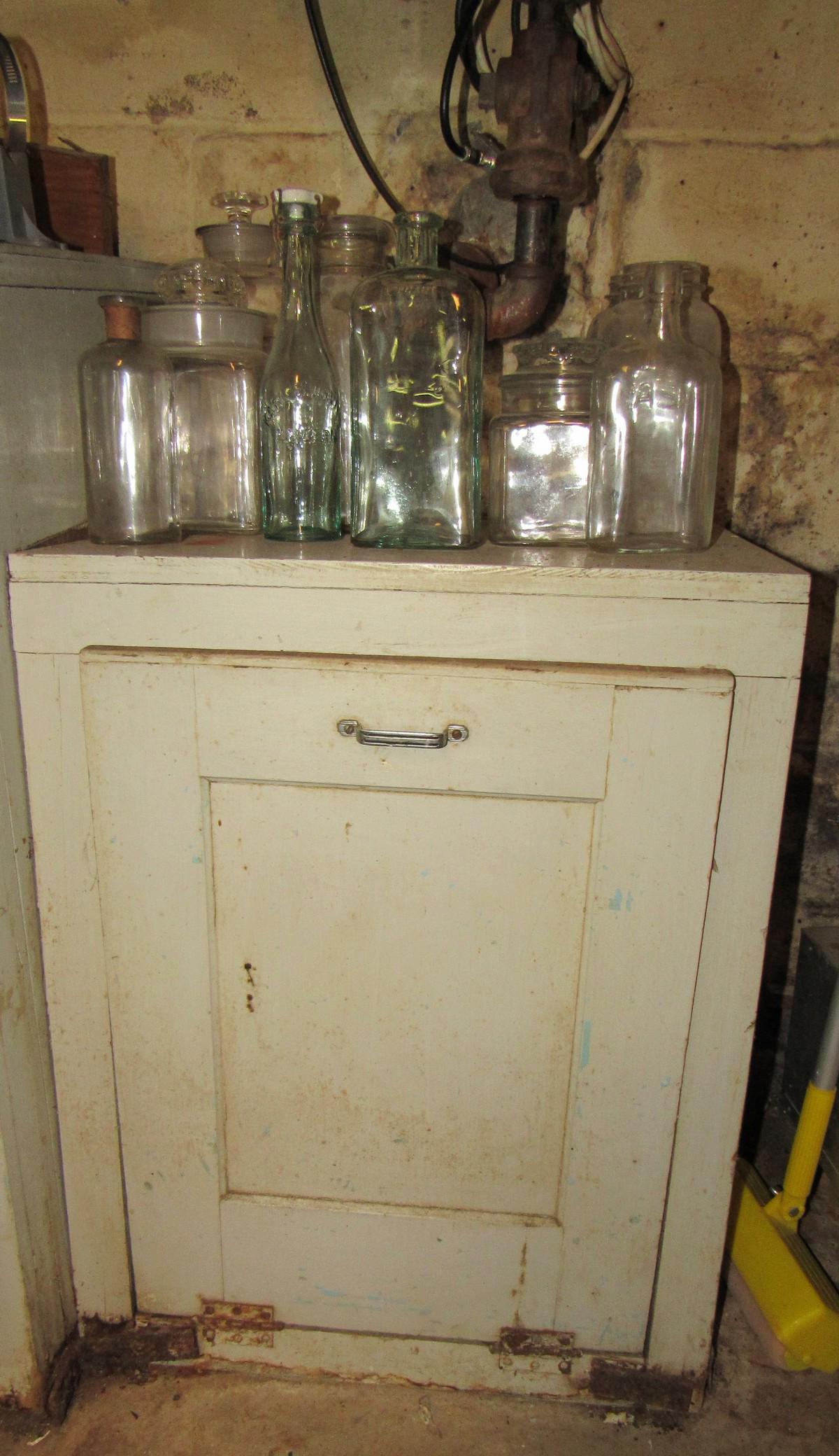 Feed Bin Bottles and Fruit Jars: Bin is approx 19" x 22" x 29 1/2" tall. Take what you want and leave the rest