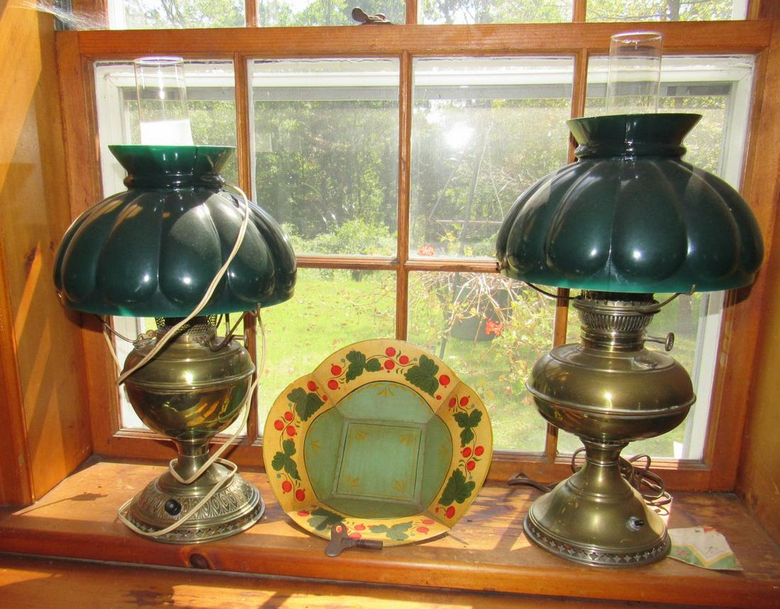 2 Brass Rayo Electrified Lamps and Toleware Tray: Tray is new ! Lamp on right is 21" tall