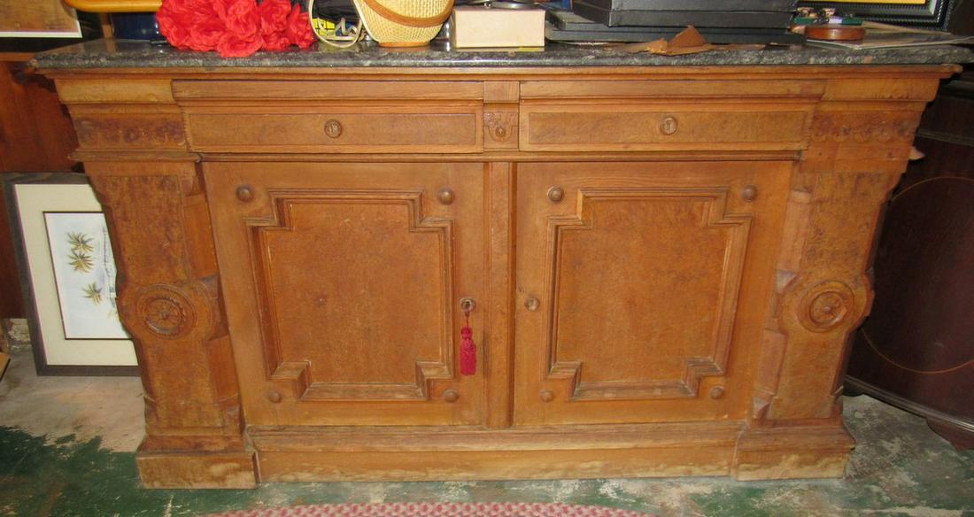 Walnut Victorian Sideboard Base: Base is Approx 24" x 62 1/2" x 37" tall DOES NOT INCLUDE ITEMS ON OR IN IT. PICK UP PREFERRED IN AFTERNOON