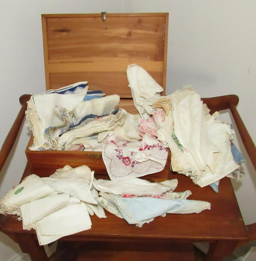 Large Lot of Handkerchiefs and Inlaid Box: Box is approx 7 1/2" x 11 1/2" x 3 3/4" tall