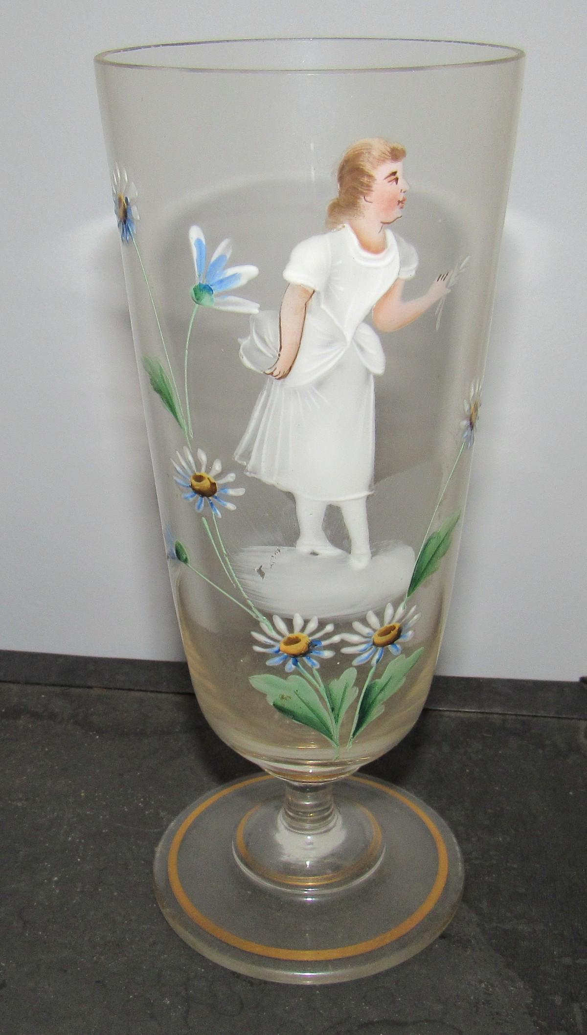 Hand Painted Mary Gregory Style Glass: Approx 2 3/4" in diameter and 7" tall