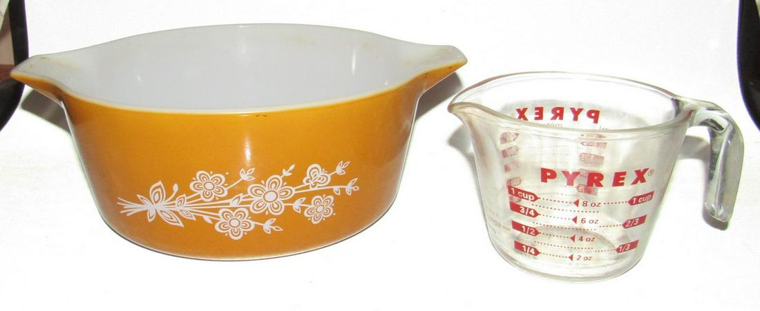 Pyrex Casserole and Measuring Cup: Bowl is approx 8 3/4" in diameter