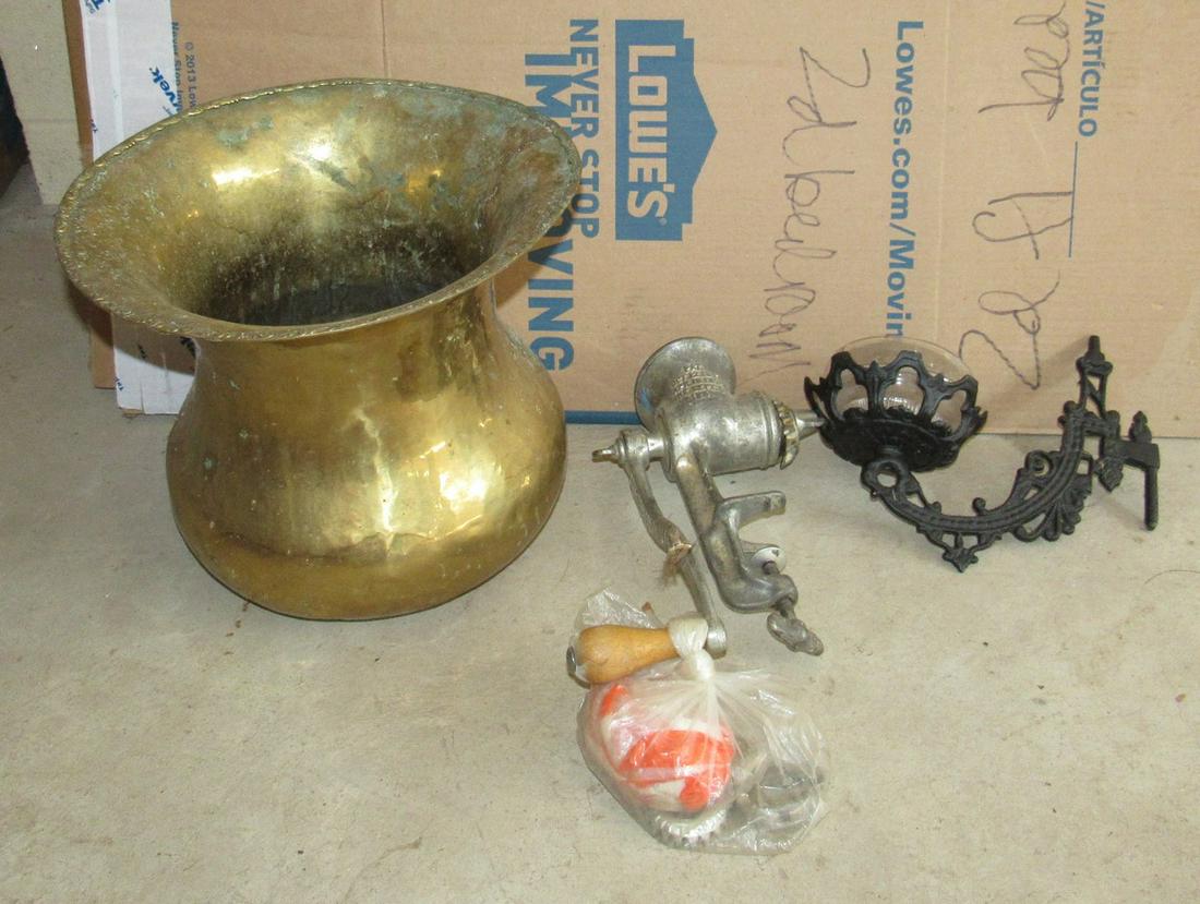 Spittoon Meat Grinder Oil Lamp Wall Bracket: Spittoon is approx 12 1/2" in diameter and 11" tall.