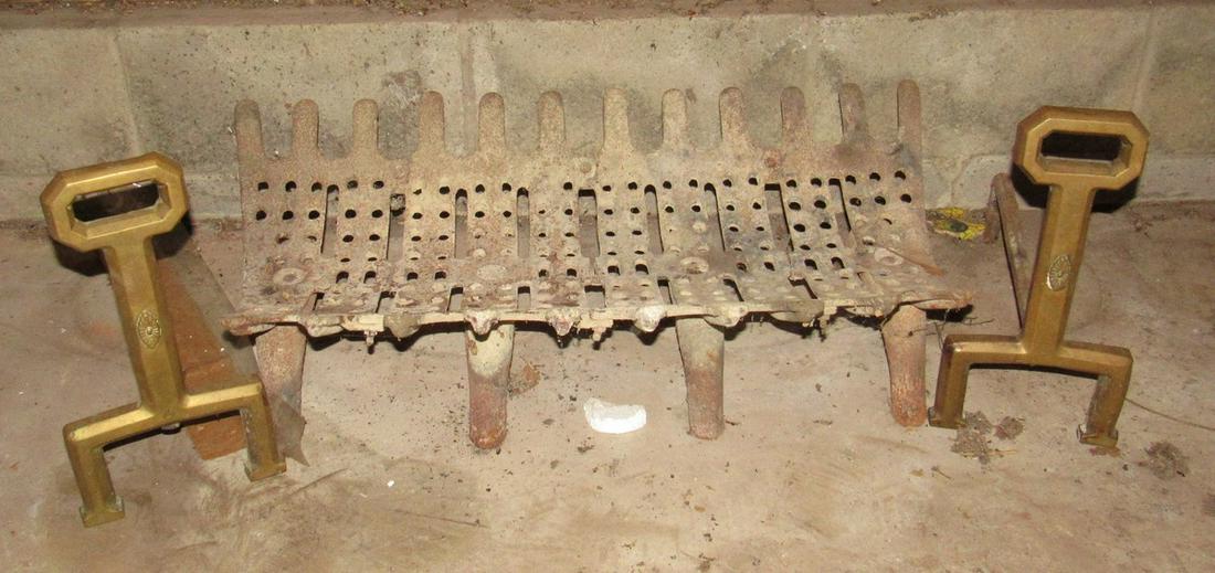 Log Holder and Brass Andirons: Andirons are approx 13 3/4" tall