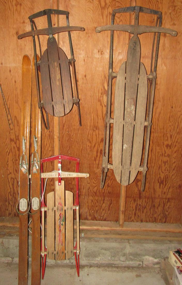 Sleds and Vintage Skis: Longest sled is approx 59" tall.