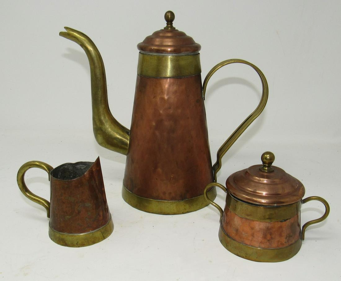 Hammered Copper and Brass Teapot Sugar Bowl Creamer: Teapot is approx 9 1/2" tall