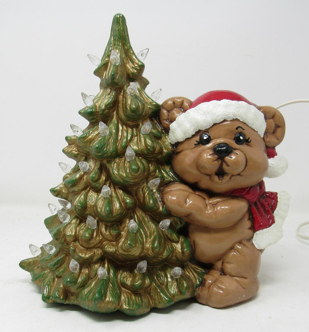 Vintage Ceramic Christmas Tree and Teddy Bear Lighted !: Approx 10" tall