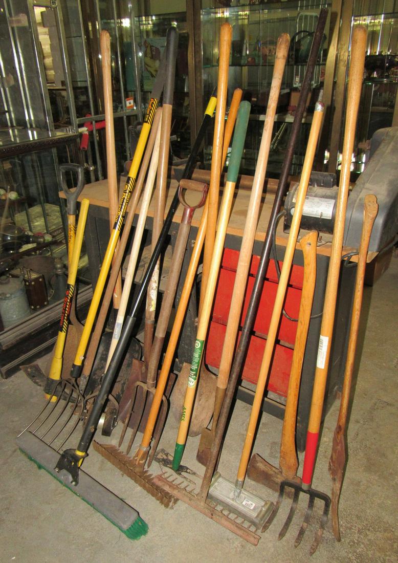Garden Tools Shovels Rakes Ax Broom Pick: Lot includes all hand tools and seeder.