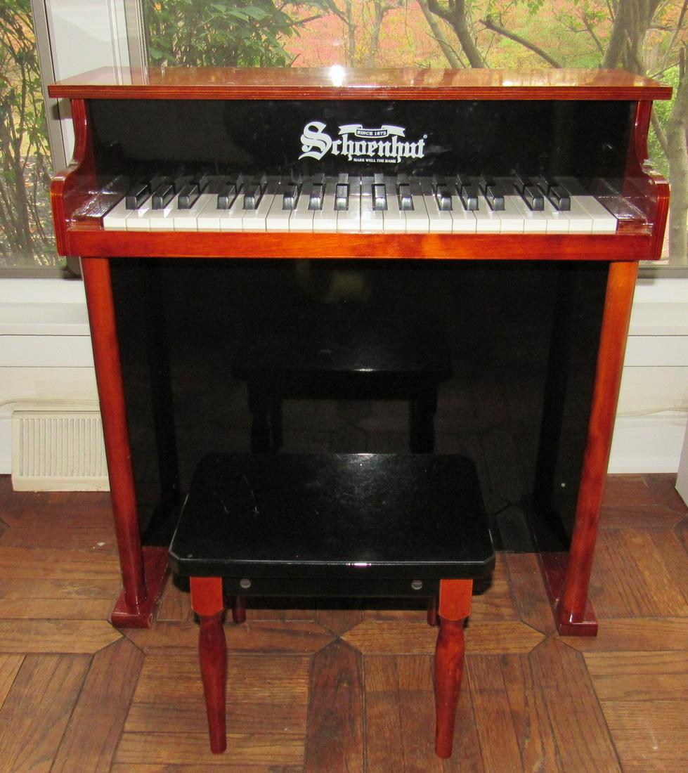 Childs Schoenhut Piano and Bench: Approx 11" x 24" x 24" tall.
