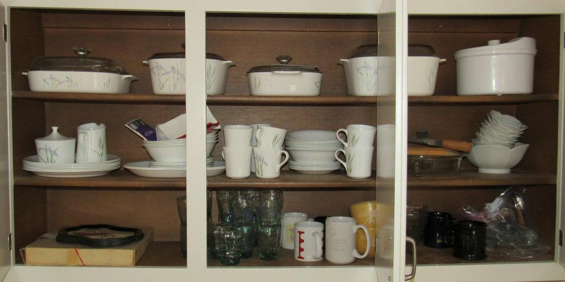 Corning and Misc Cabinet Contents: Lot includes all in cabinets