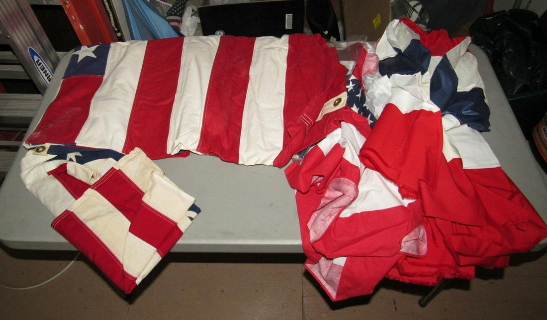 3 American Flags with 4 buntings: Large flag is approx. 5 ft x 10 ft