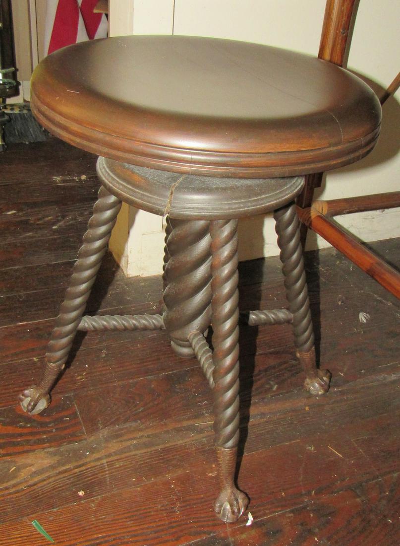 Piano Stool with Glass Ball and Claw Feet: 14 1/2" diam. x18" Tall