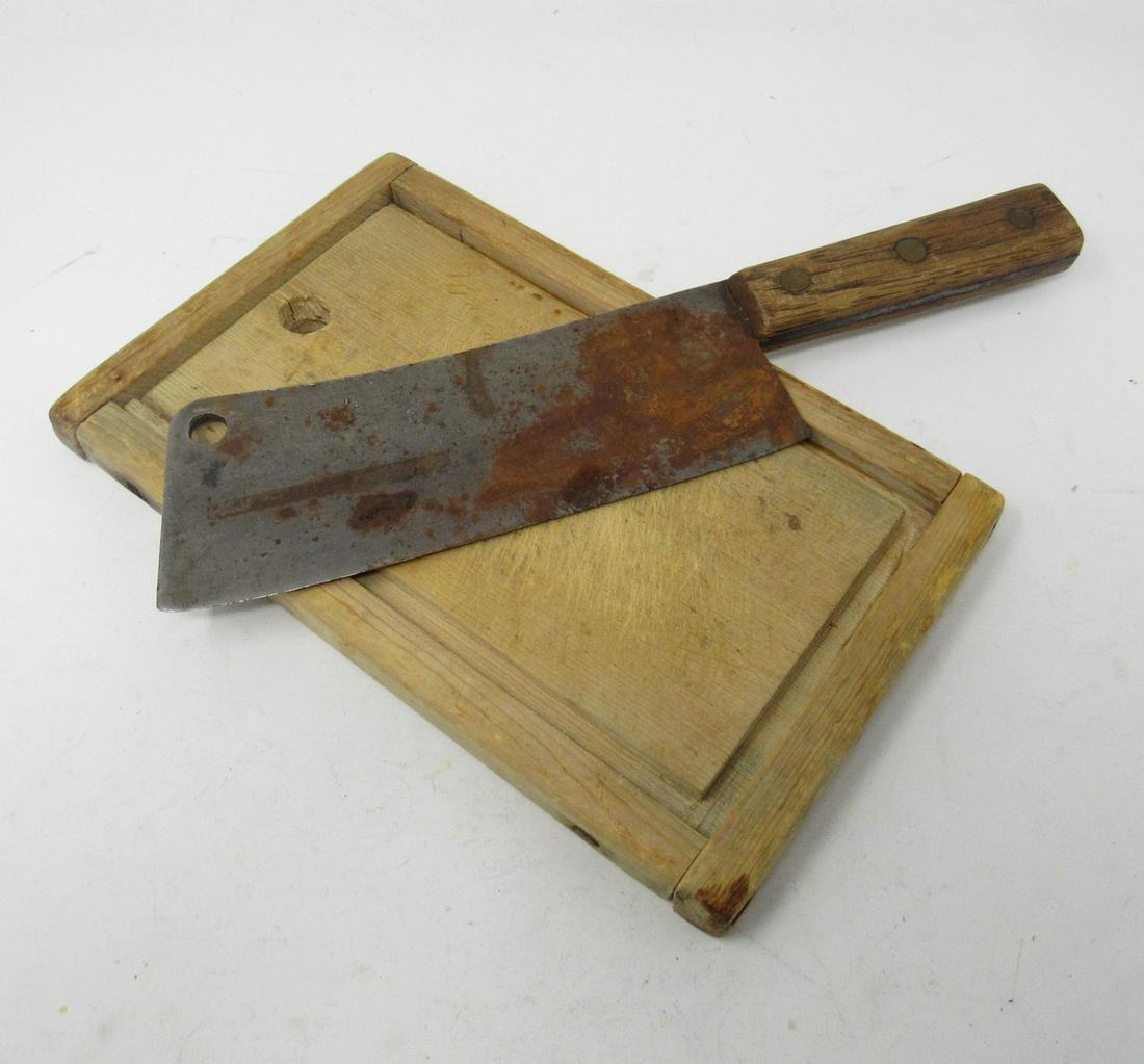 Meat Cleaver and Cutting Board: Meat cleaver is approx 12" long