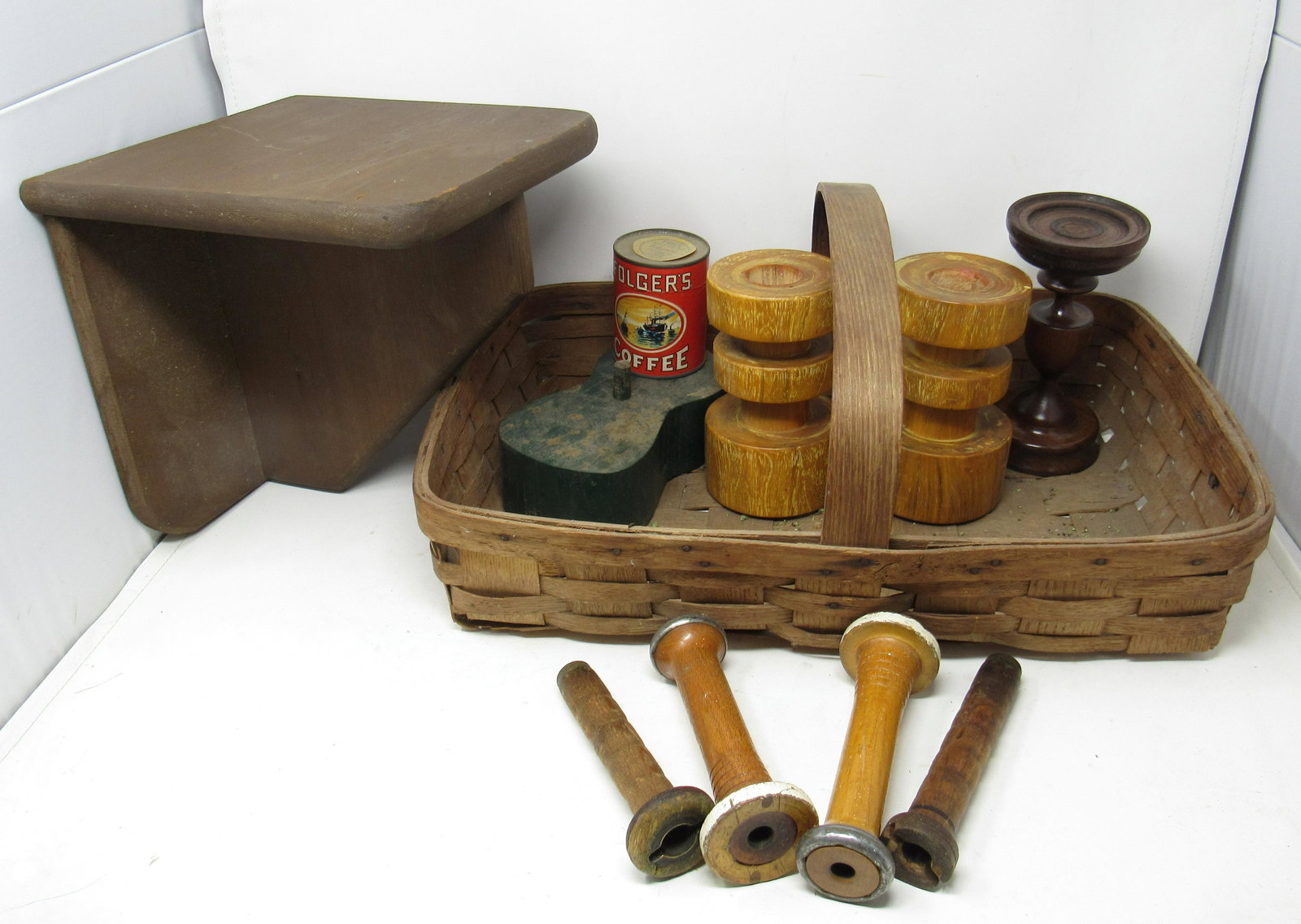 Basket Shelf Forms Spools Folgers Coffee Tin: Folgers tin is approx 3 1/2" tall