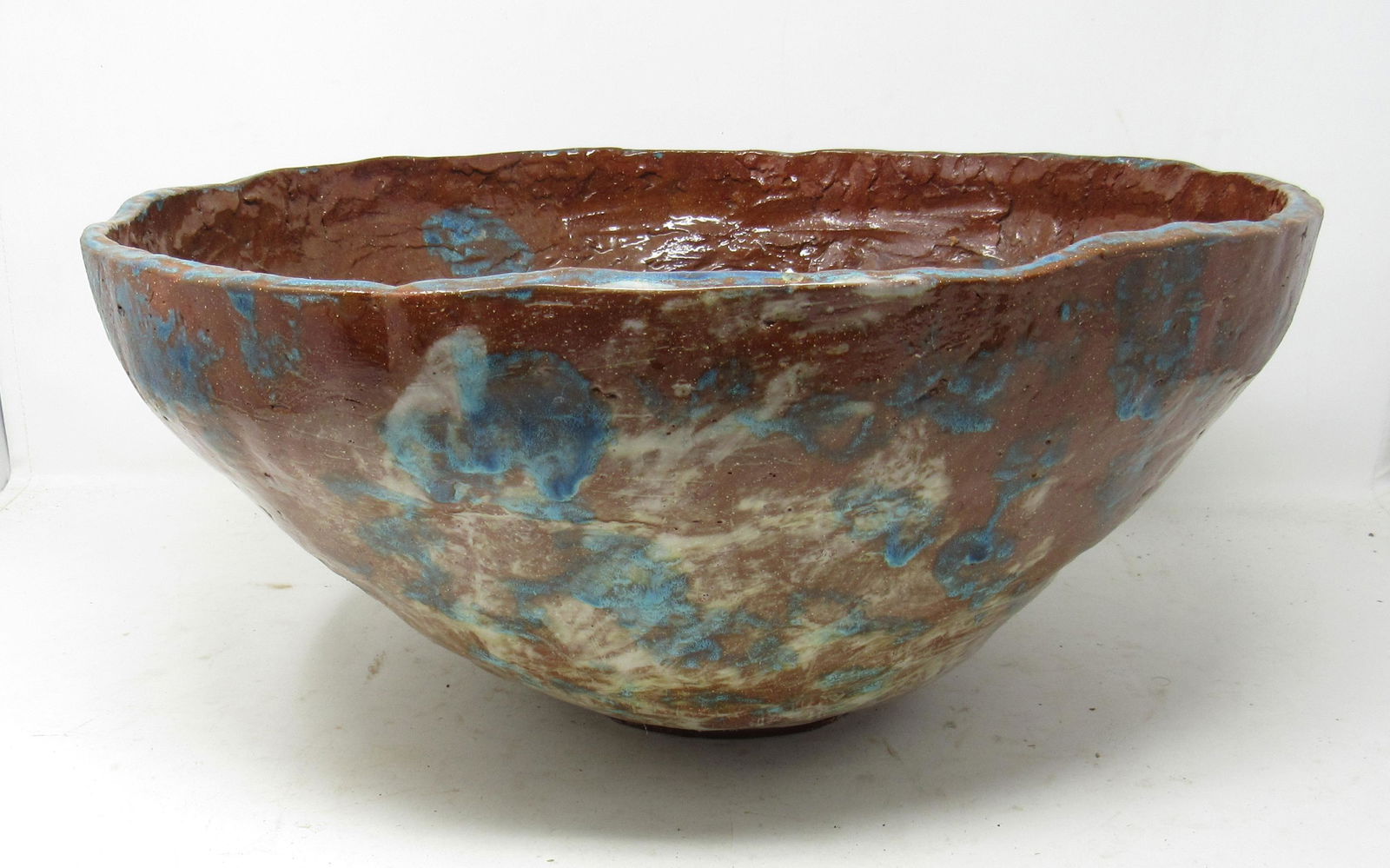 Redware Pottery Bowl: Approx 15" x 16" x 7 1/2" tall
