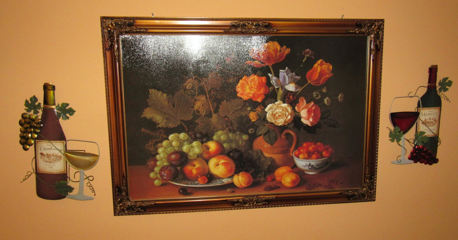 Floral Wall Hanging and Tin Wine Bottles w/ Glasses: Print is approx 28 1/2" x 40 1/2"