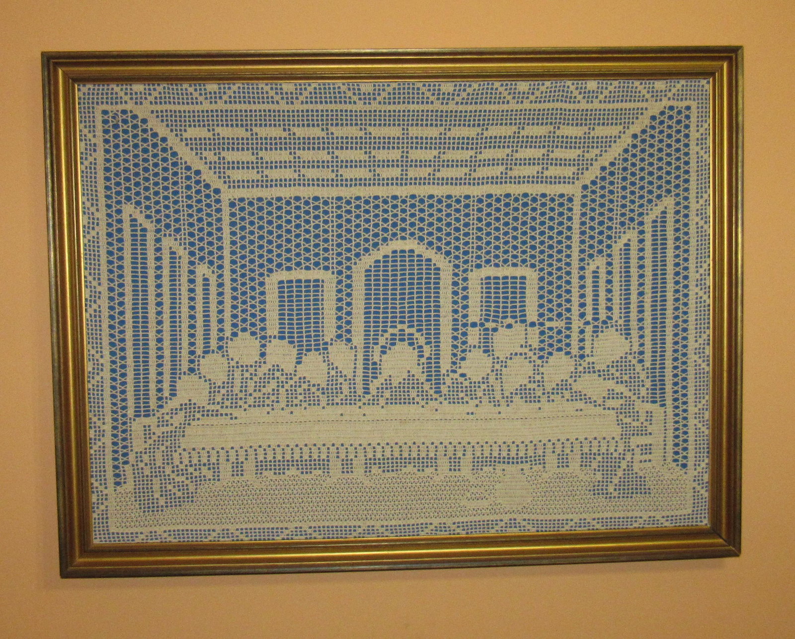 Large Framed Lace Picture Frames and Table Runner: Framed lace is approx 36" x 48"