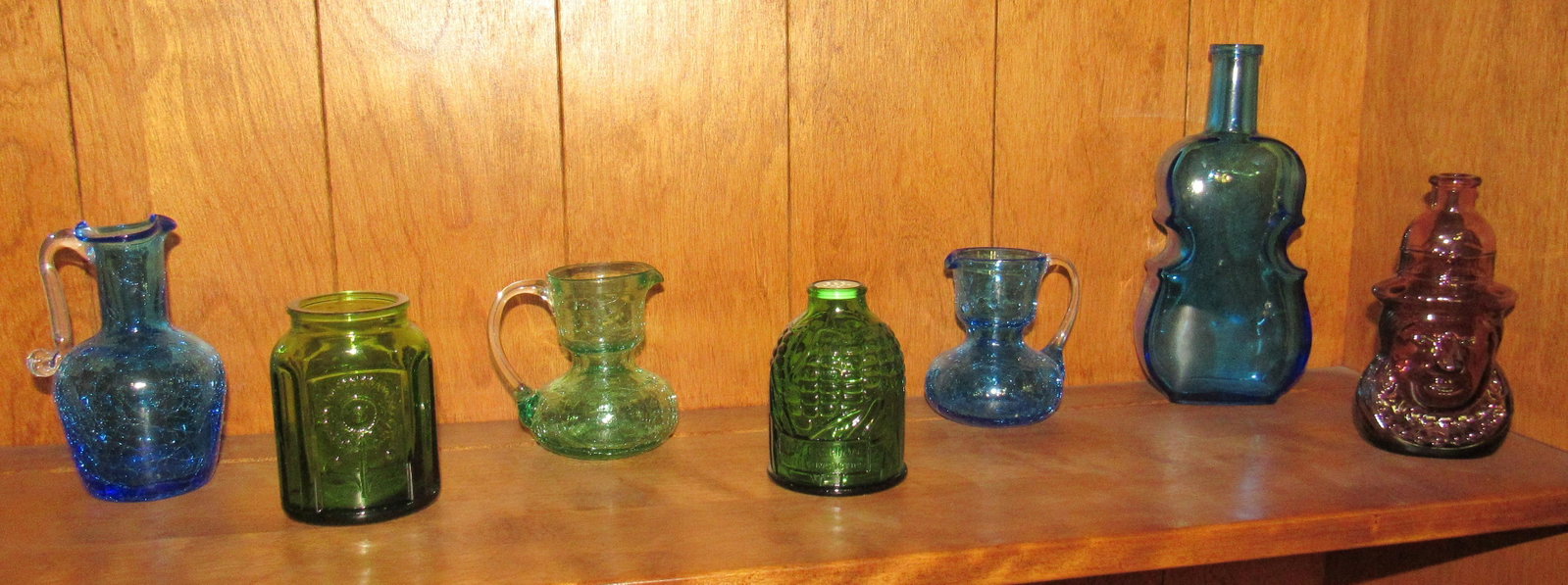 Colored Bottles and Pitchers: Tallest is approx 7 1/2" Tall