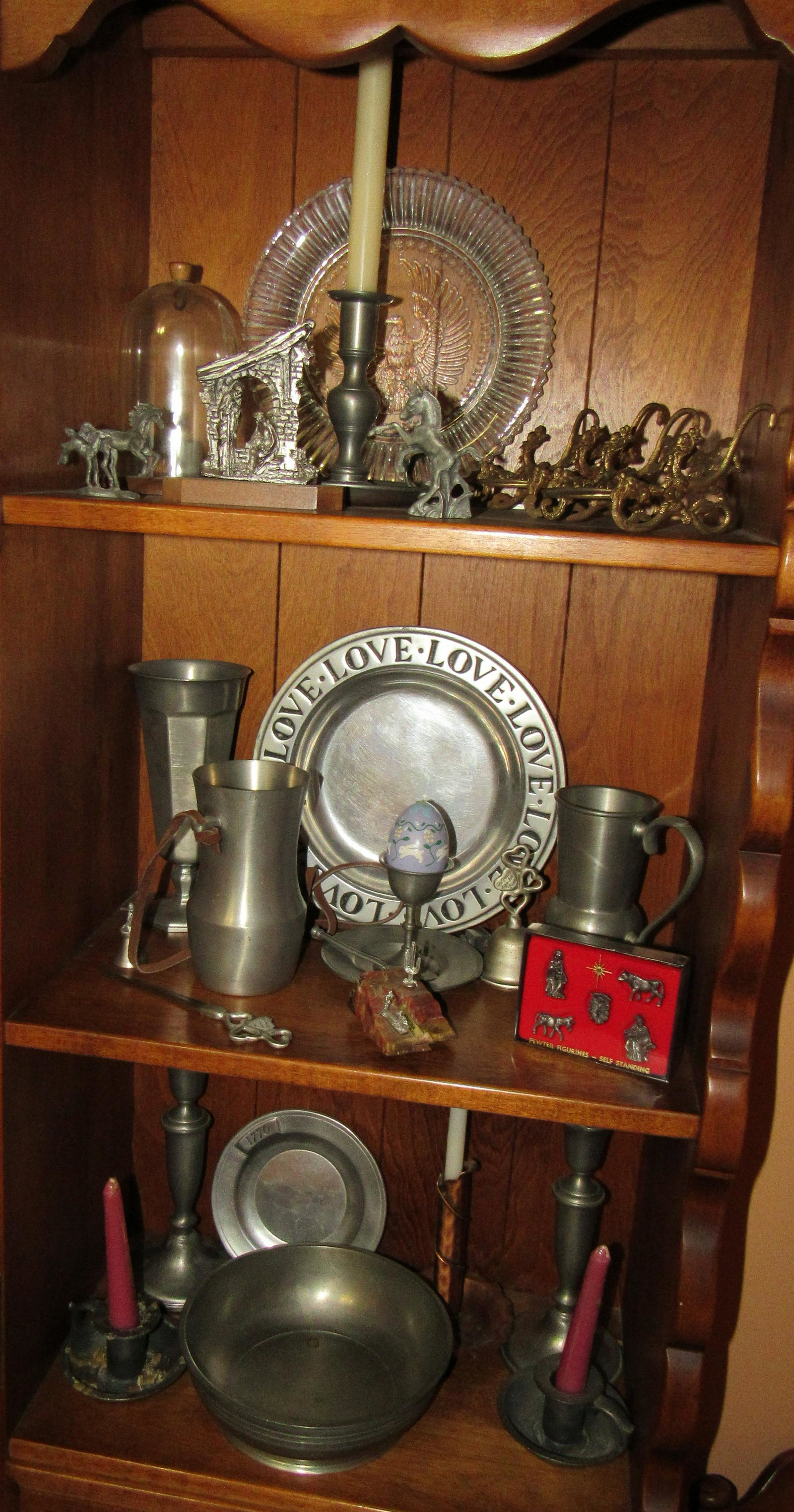 Pewter and Misc Shelf Contents: Getting all on the 3 shelves. MUST BE PICKED UP BEFORE NOON.