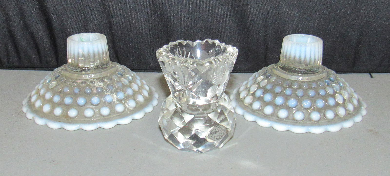 Fenton Opalescent Hobnail Candle Holders: Also include is Bohemia Crystal toothpick holder. Candle holders are approx 4 1/8" in diameter.