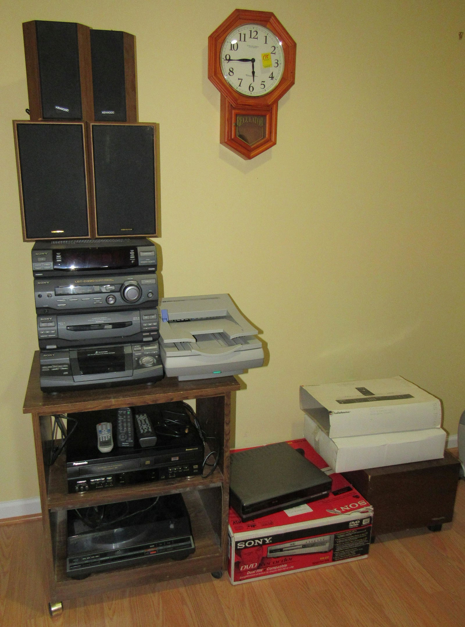 Onkyo Turntable Sony Stereo System Audisource SS Three: Also includes Kenwood ,Memorex Realistic Speakers . Getting all pictured, EXCEPT CLOCK HANGING ON WALL.