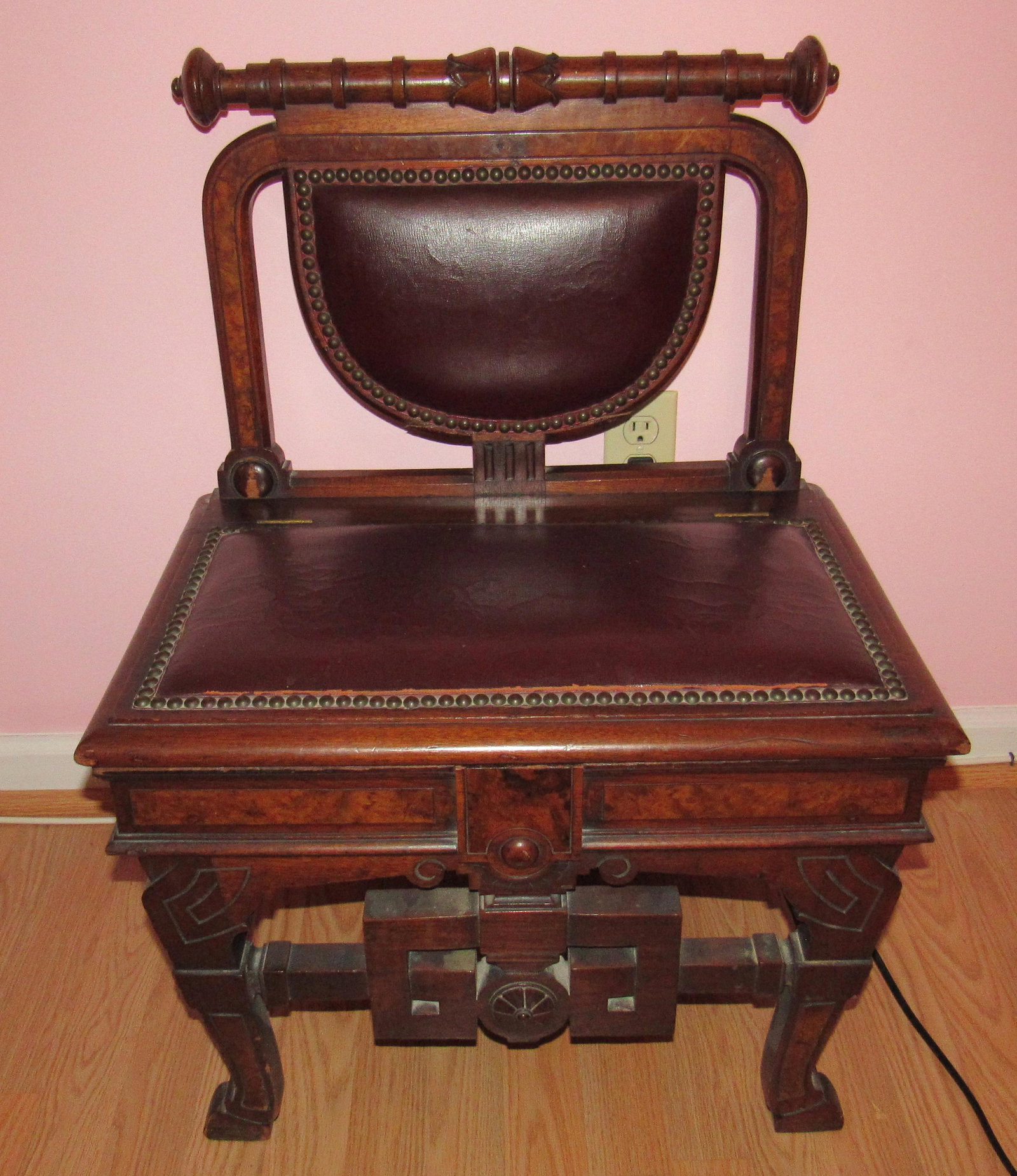 Walnut Bench with Leather Seat: Approx 16" x 23" x 31" tall.