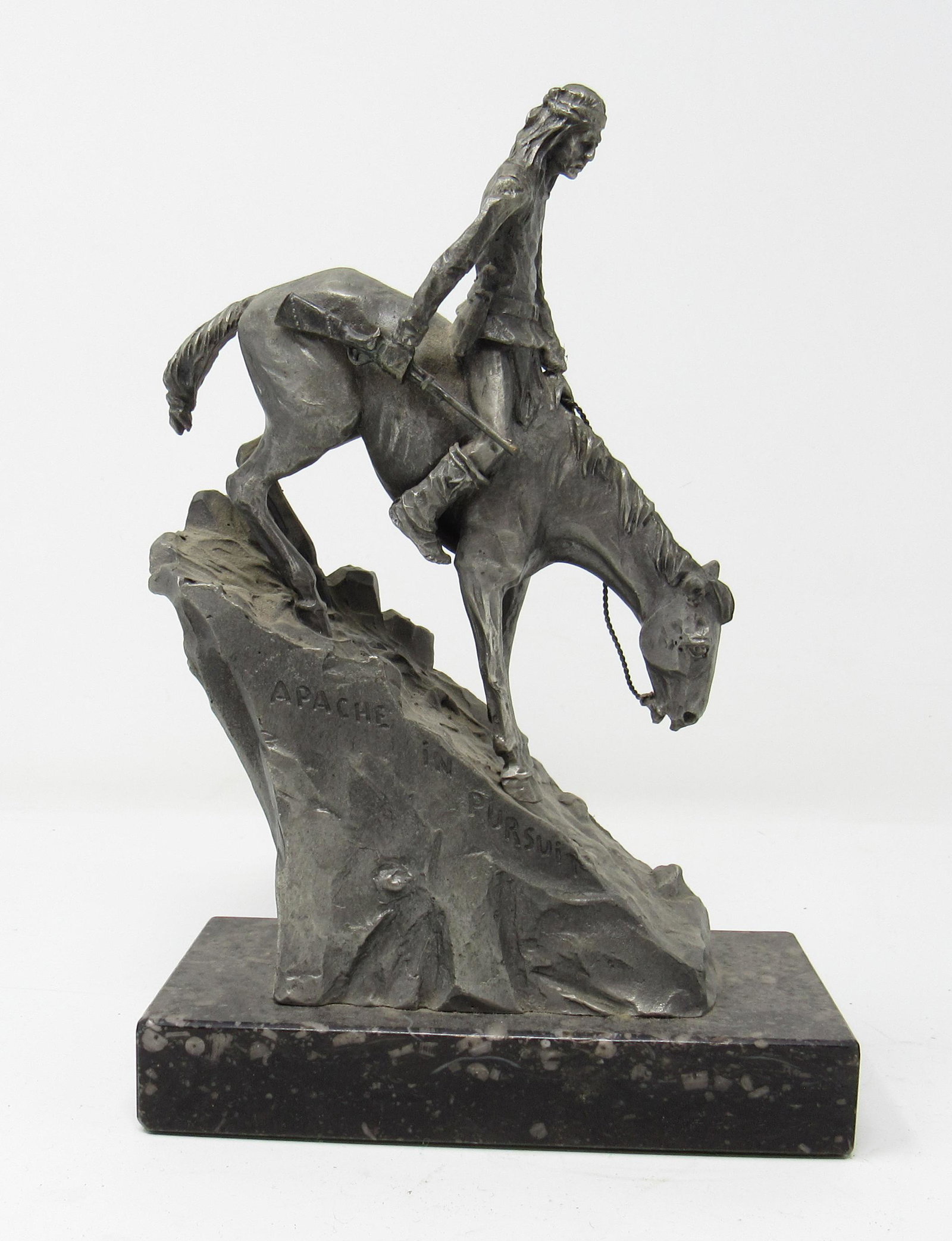 Philip Kraczkowski Pewter Apache in Pursuit Statue: Worcester pewter statue is approx 7 1/2" tall.