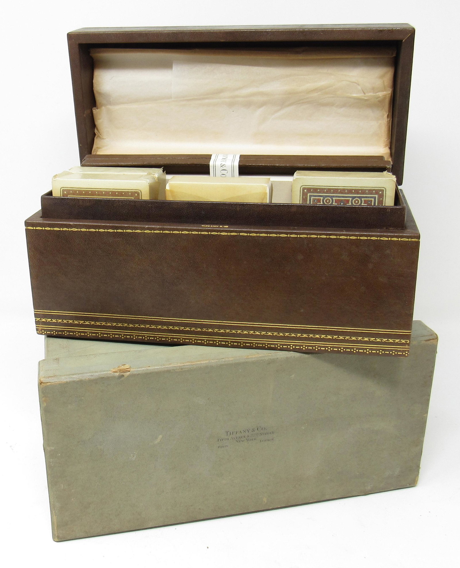Tiffany & Co Monogrammed MCK Box with Playing Cards: Also included is paper, Tiffany Pencils, 4 packs of playing cards still sealed with stamps. Monogrammed Box is approx 4" x 8 1/2" x 4 1/8" tall