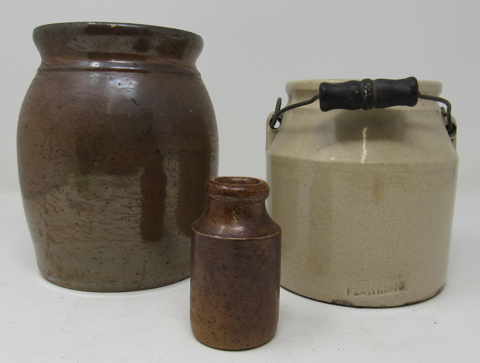 Stoneware Crocks and Bottle: Tallest is approx 6 1/2" tall