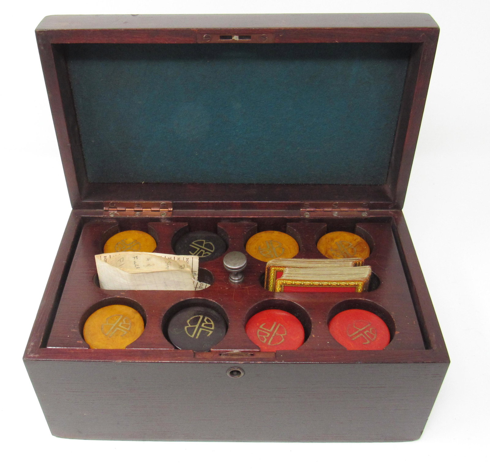 Bakelite Poker Chips and Cards Monogrammed JBB w/ Case: Case is approx 5 1/2" x 10" x 5" tall.