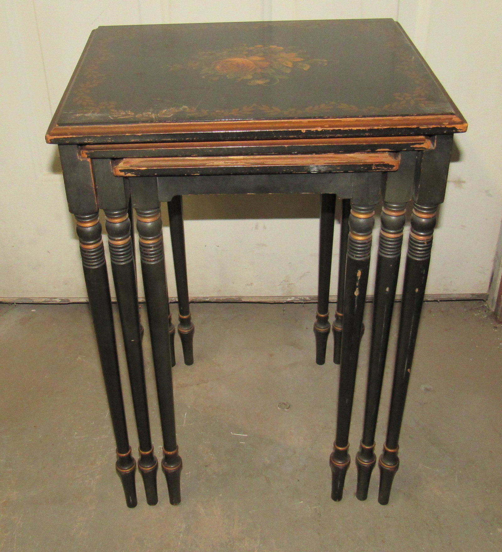 Grand Rapids Imperial Paint Decorated Nesting Tables: Largest is approx 12" x 15" x 22 1/4" tall.