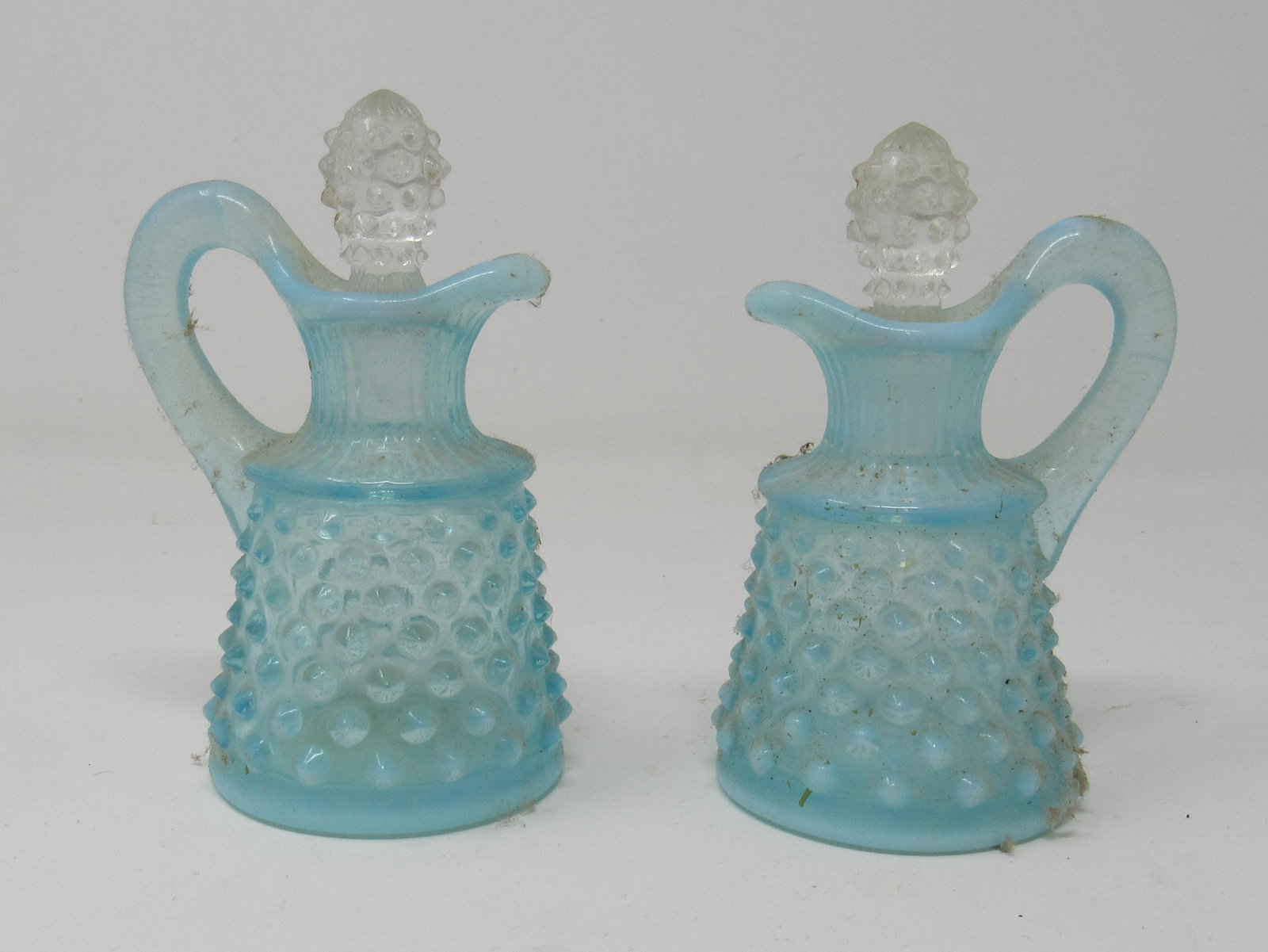 Fenton Blue Opalescent Hobnail Cruets: Approx 4 1/2" tall