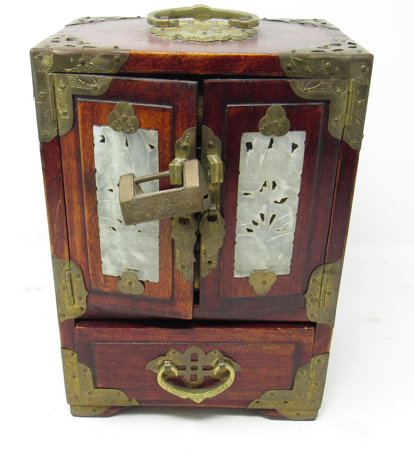 Oriental Jewelry Box with Brass Hardware: Approx 4 3/4" x 6" x 8 1/2" tall.