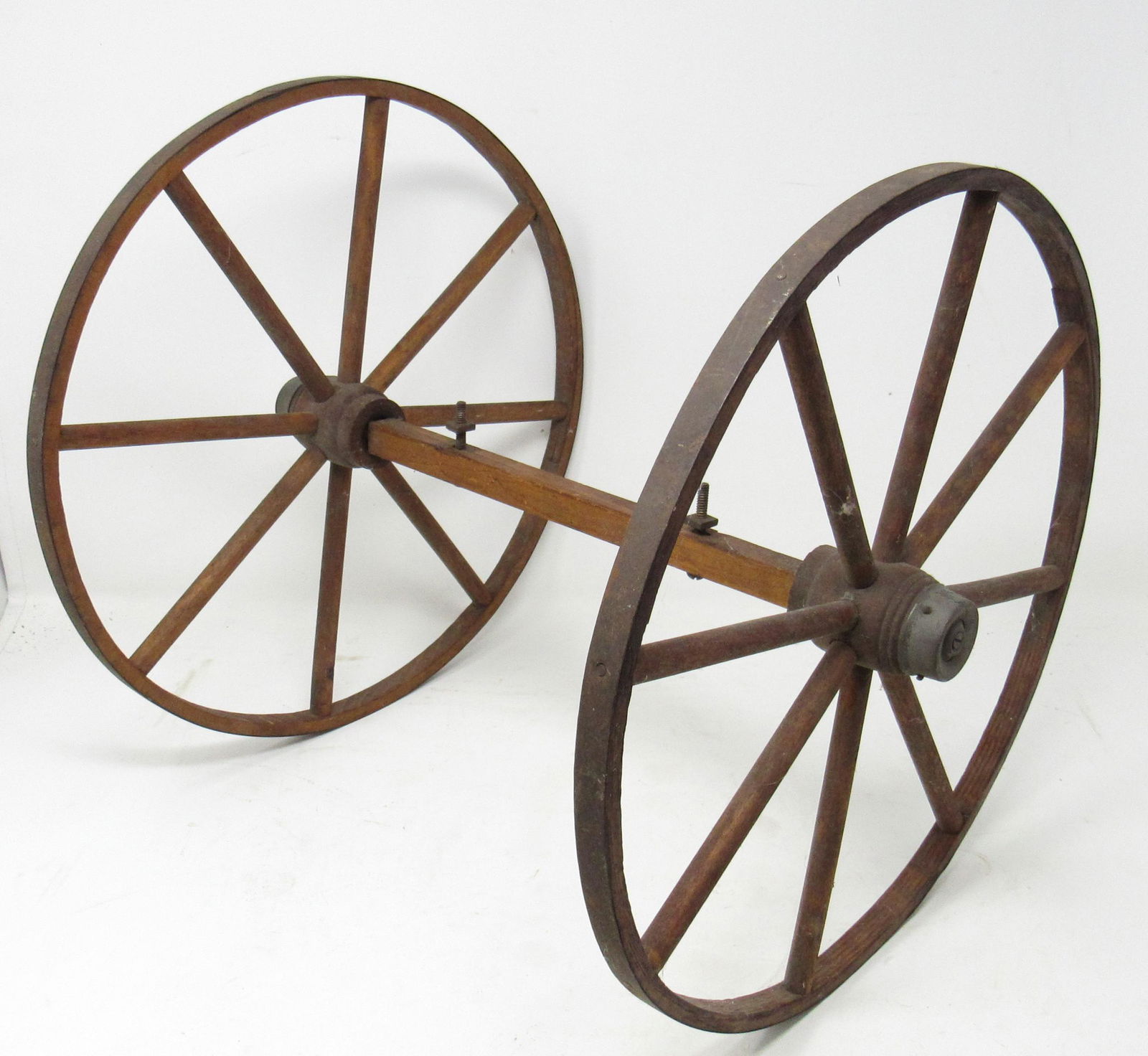 Wooden Cart / Wagon Wheels on Axle: Wheels are apprx 13" in diameter. Approx 15" from outside hub to hub