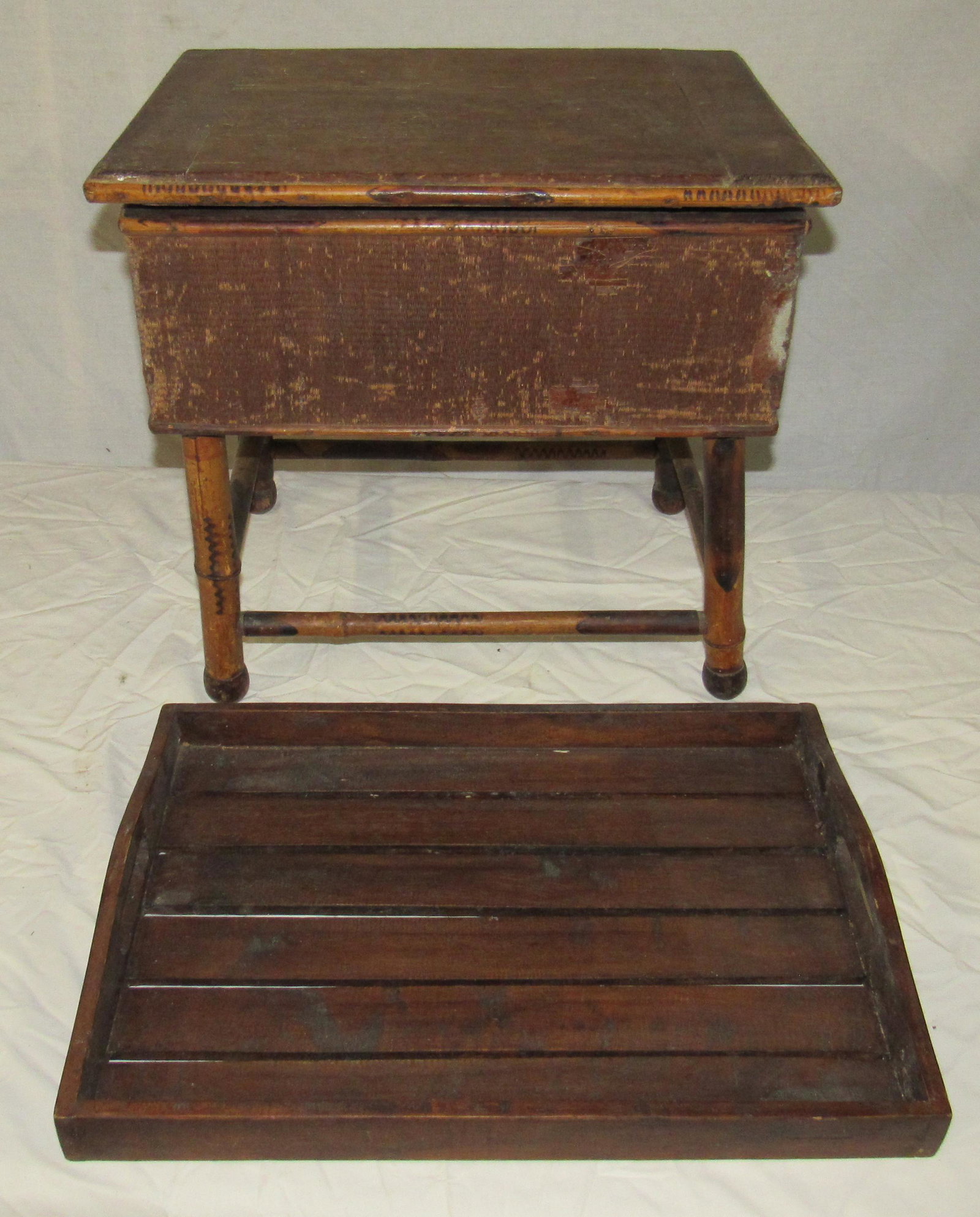 Sewing Box with Bamboo Legs and Wooden Tray: Sewing box is approx 13" x 17" x 16" tall.
