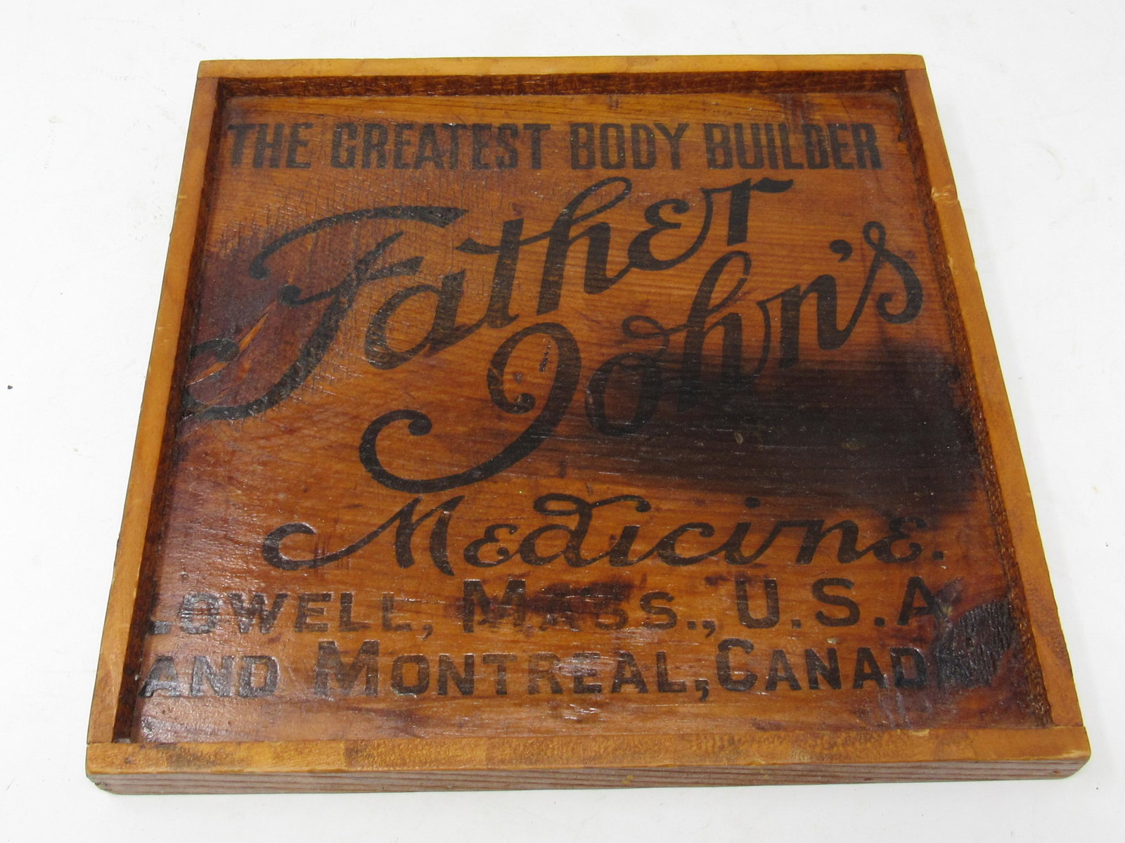 Framed Father Johns Body Builder Medicine Crate Panel: Approx 10"X 10 1/2"