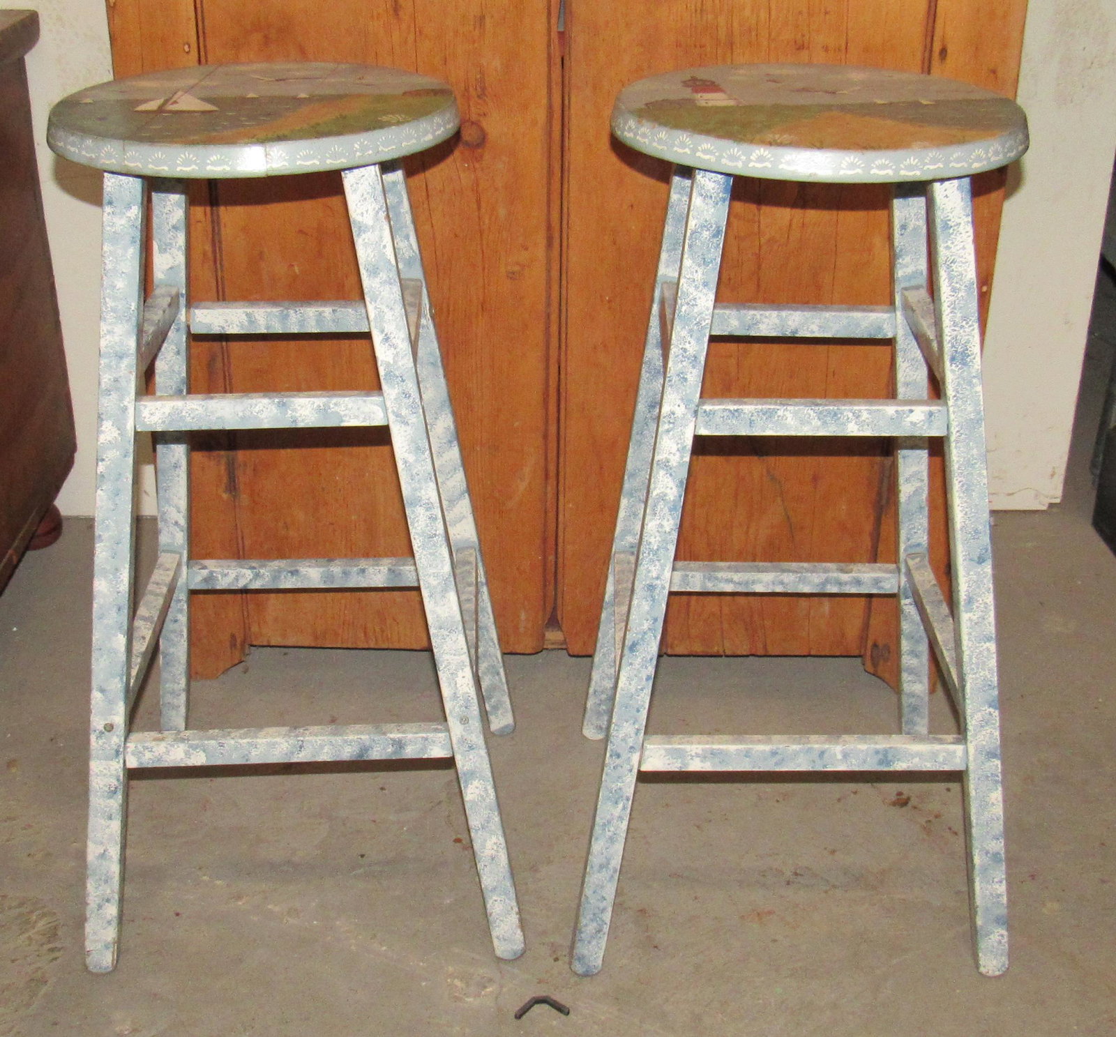 Hand Painted Seascape Stools: Approx 29 1/2" tall.