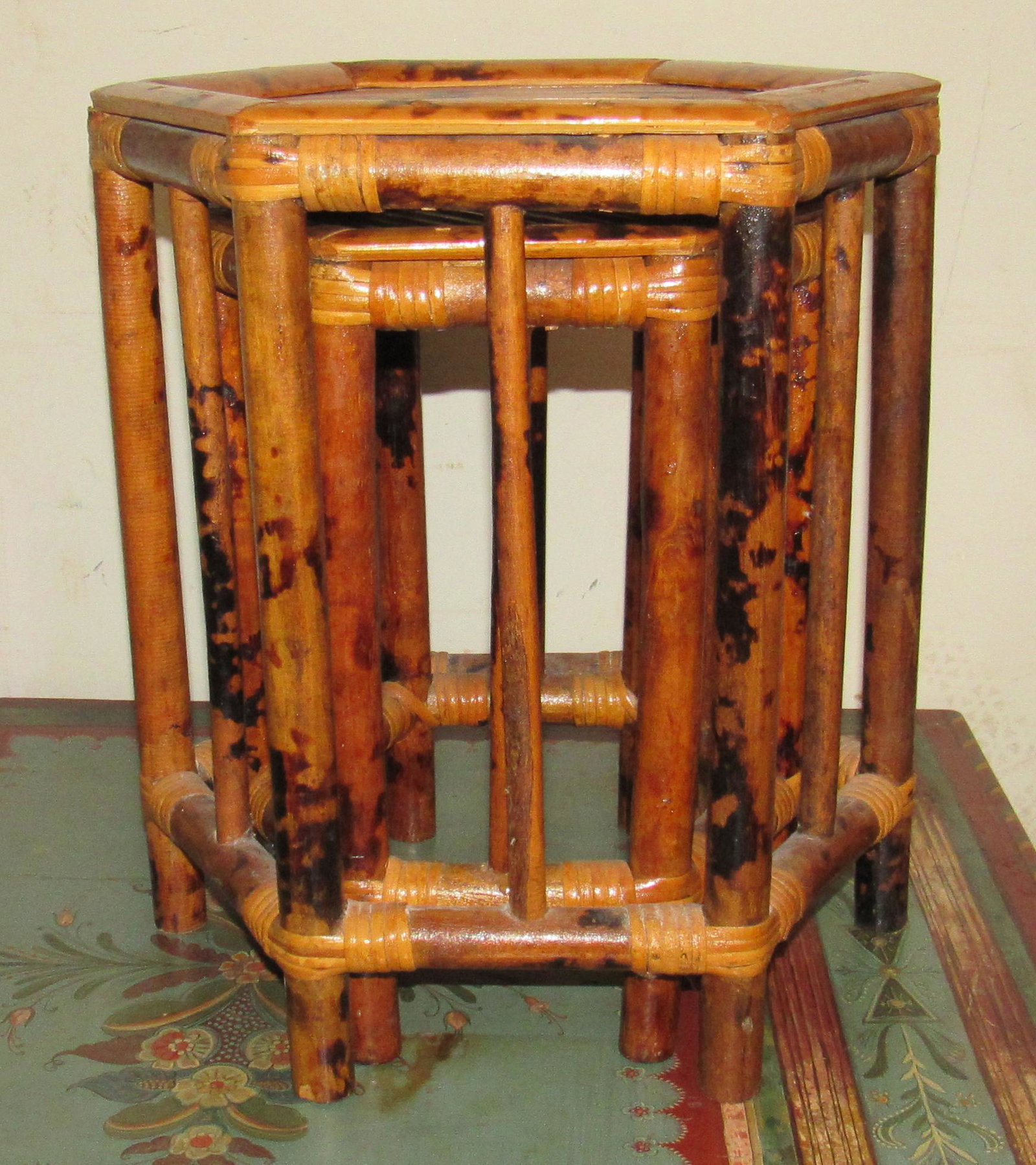 2 Bamboo Nesting Tables: Largest is apprx 15 1/2" across and 16 1/2" tall