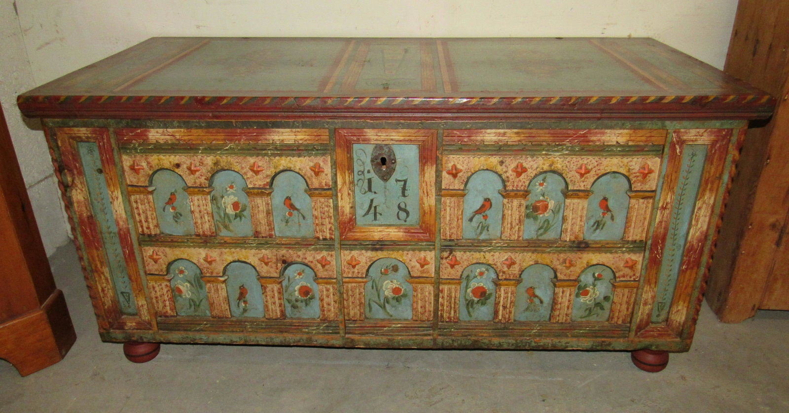 Paint Decorated Blanket Chest 1748 Howard Van Dyck: Approx 28" x 59 1/2" x 28 1/2" tall. Attributed to Howard Van Dyck, date painted on chest is 1748.