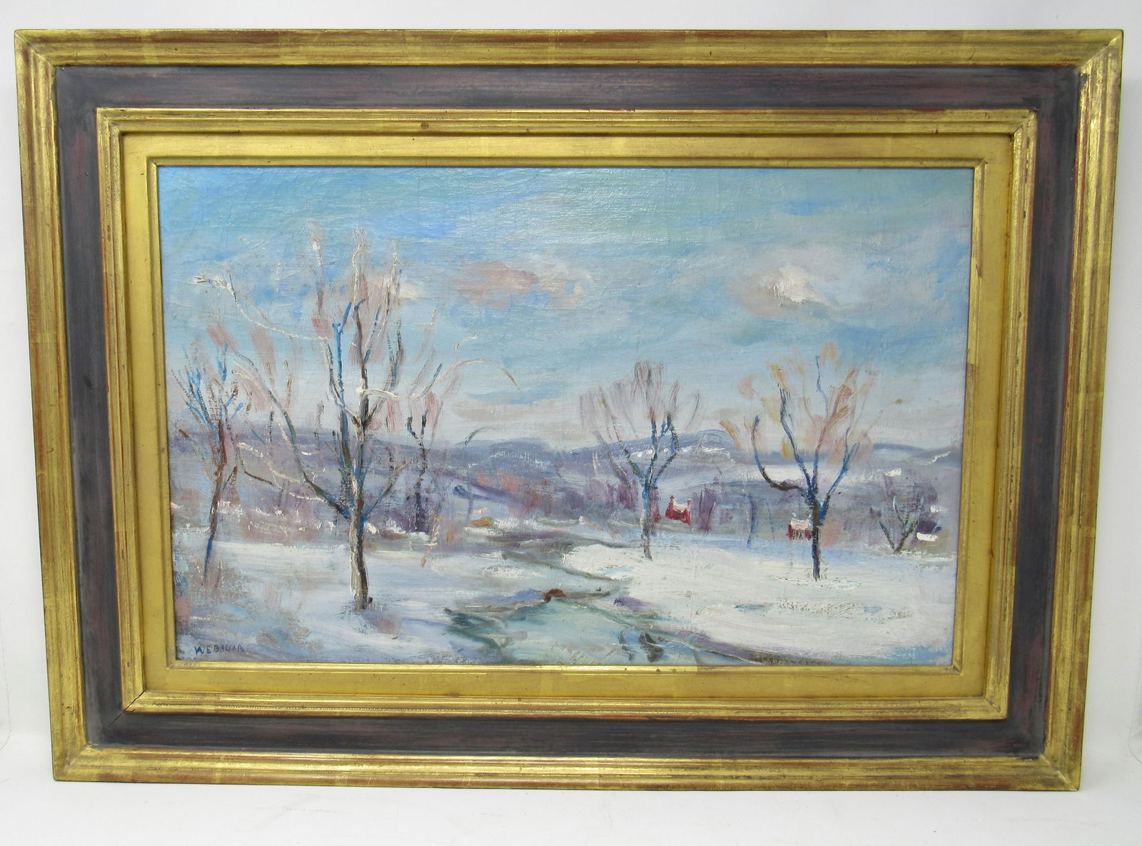 Walter Emerson Baum Oil on Canvas Painting Winter Creek: Creek in Winter Painting. Approx 17" x 24" .