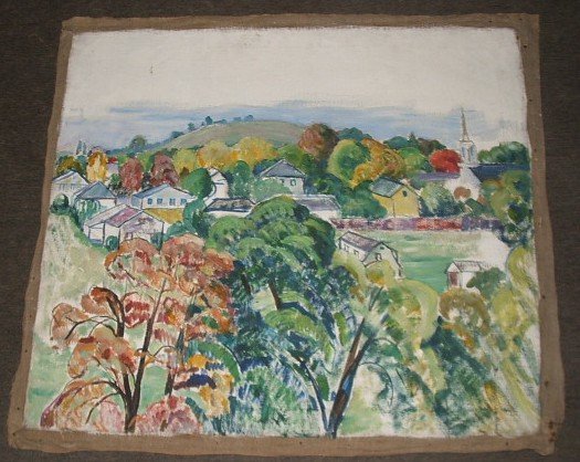 ELIZABETH GRANDIN CLINTON NJ OIL ON CANVAS: Oil on canvas painting, approx 30" x 33". Painting of Clinton NJ and came from the Grandin Library Collection. Grandin was a student of Robert Henri