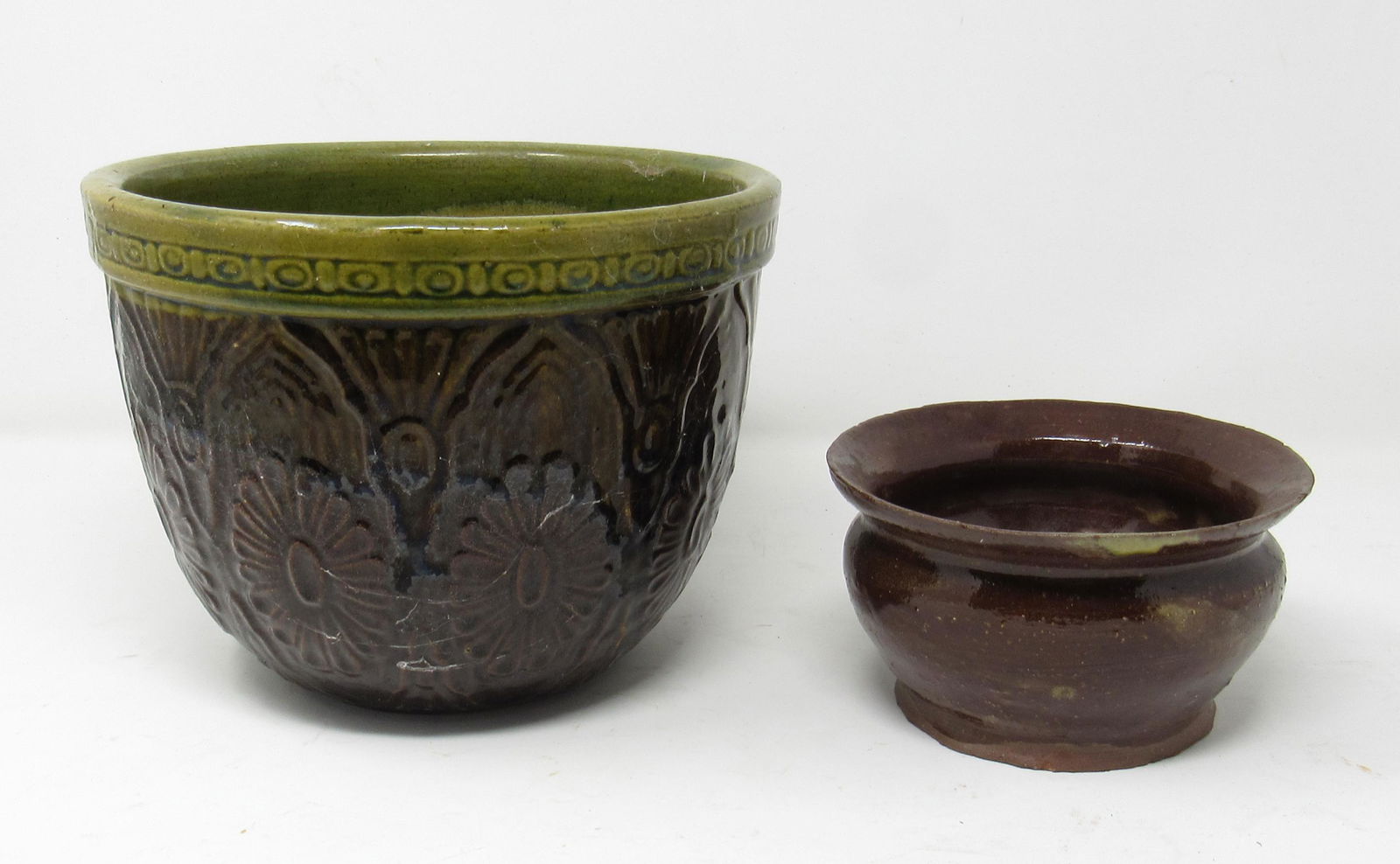 Jardinere and Redware Planter: Jardinere is approx 6" tall and 8" in diameter.