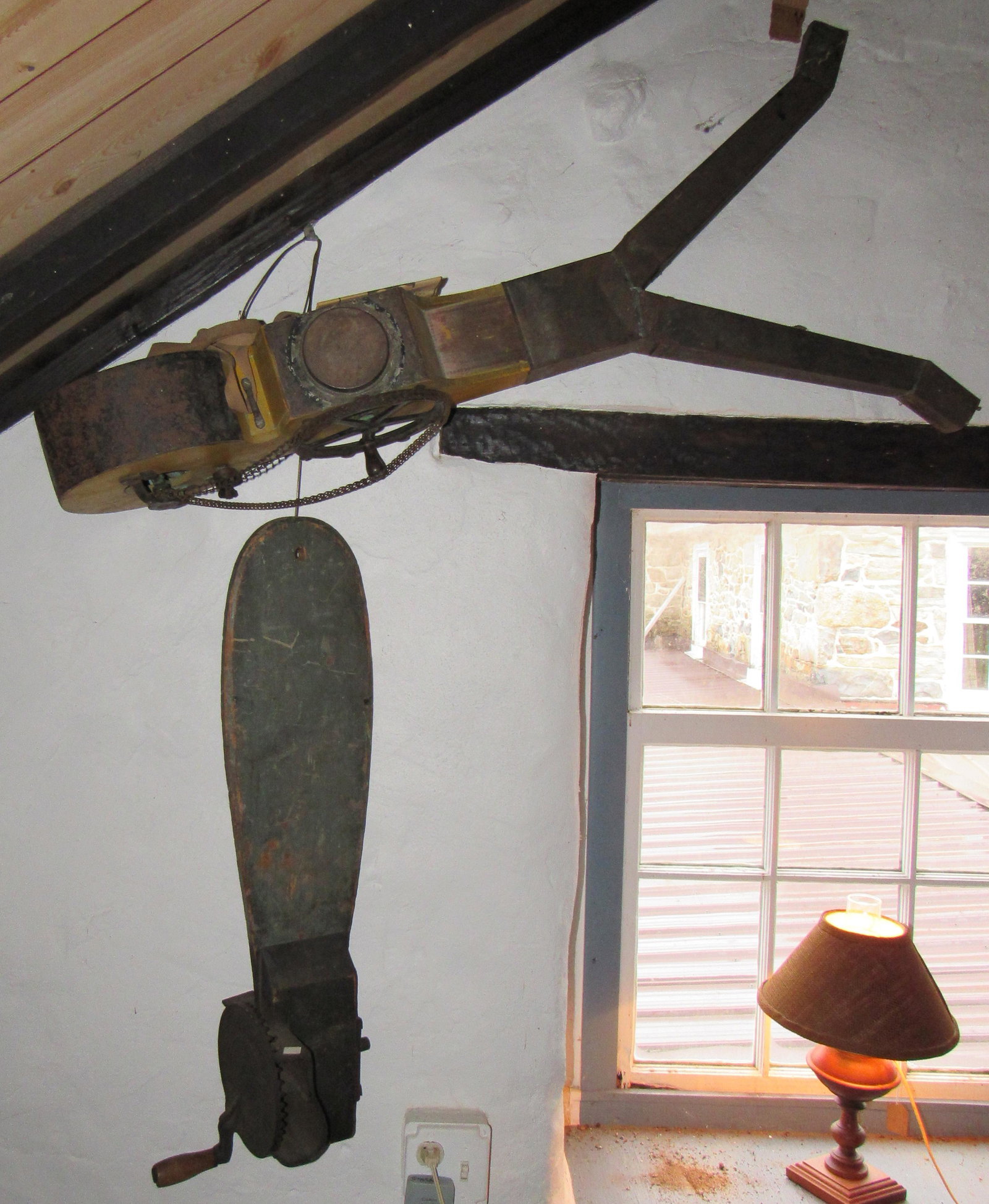 Shaker Duster in Yellow Paint & 1845 Corn Sheller: Duster is approx 43 1/2" LONG ( AS PICTURED )