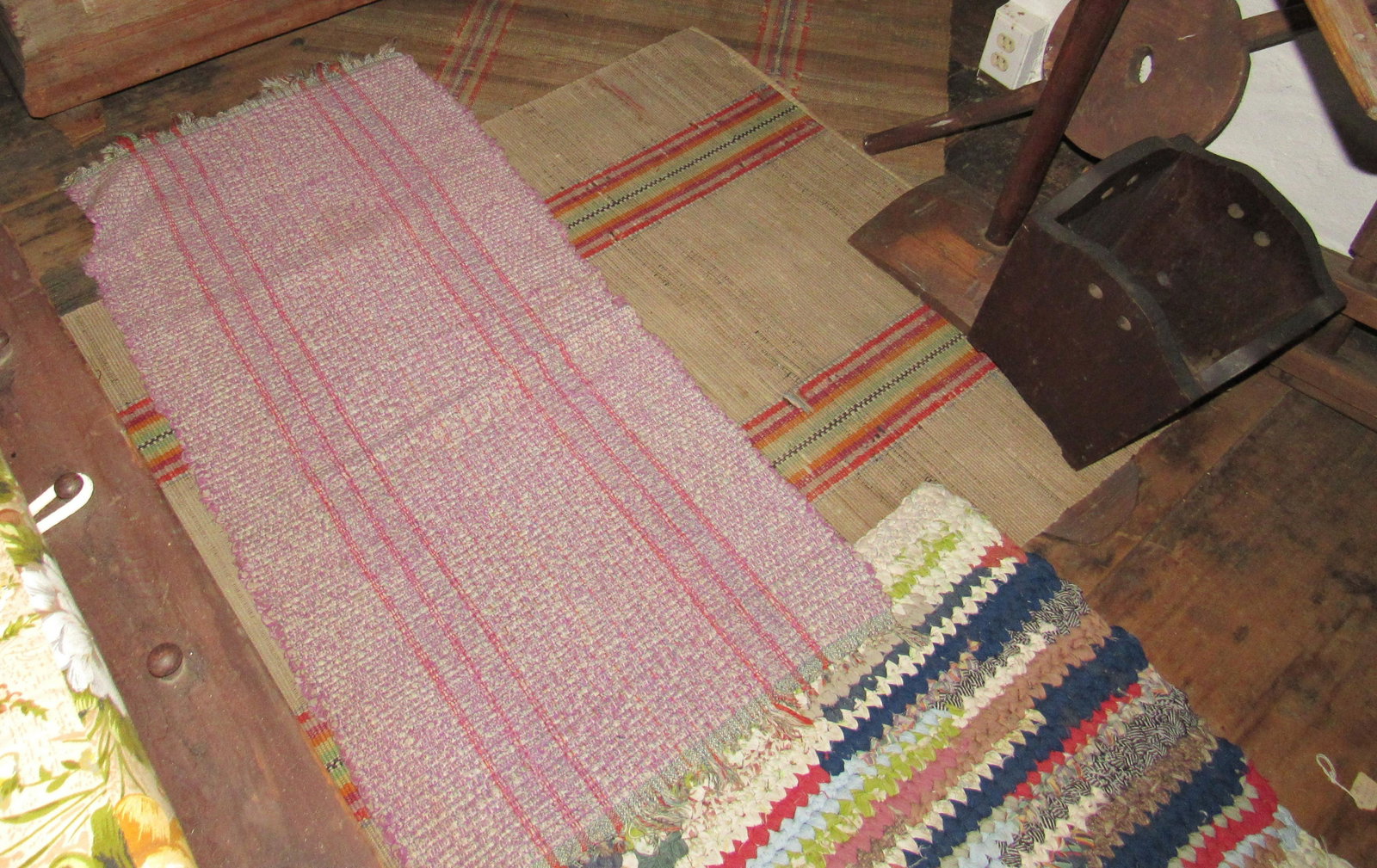 6 Rag Rugs: Lot includes all 6 rugs pictured on floor. The largest is approx 39" x 10'8"