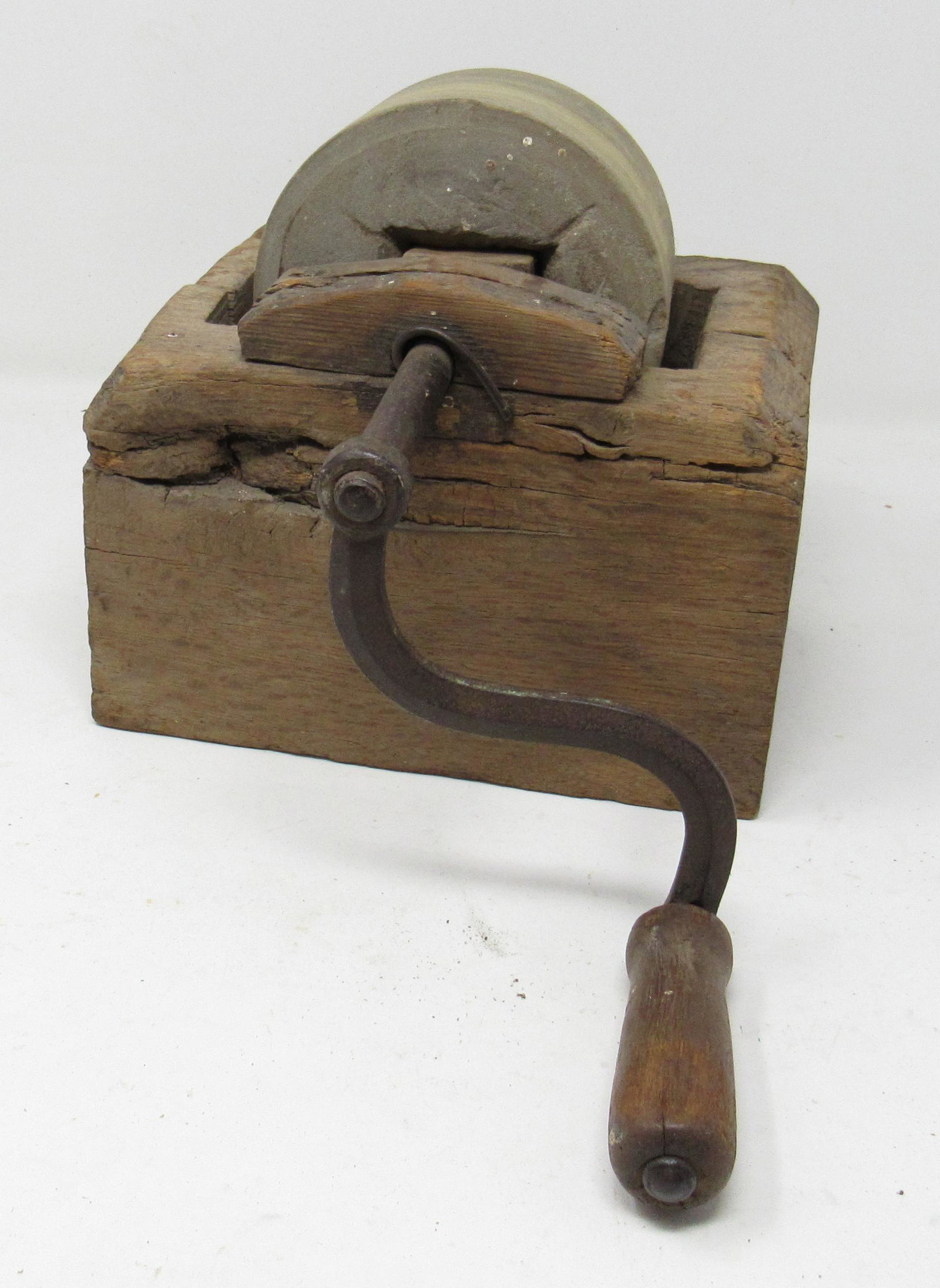 Primitive Hand Crank Sharpening Stone Wheel: Approx 5 3/4" x 8" x 7 3/4" tall