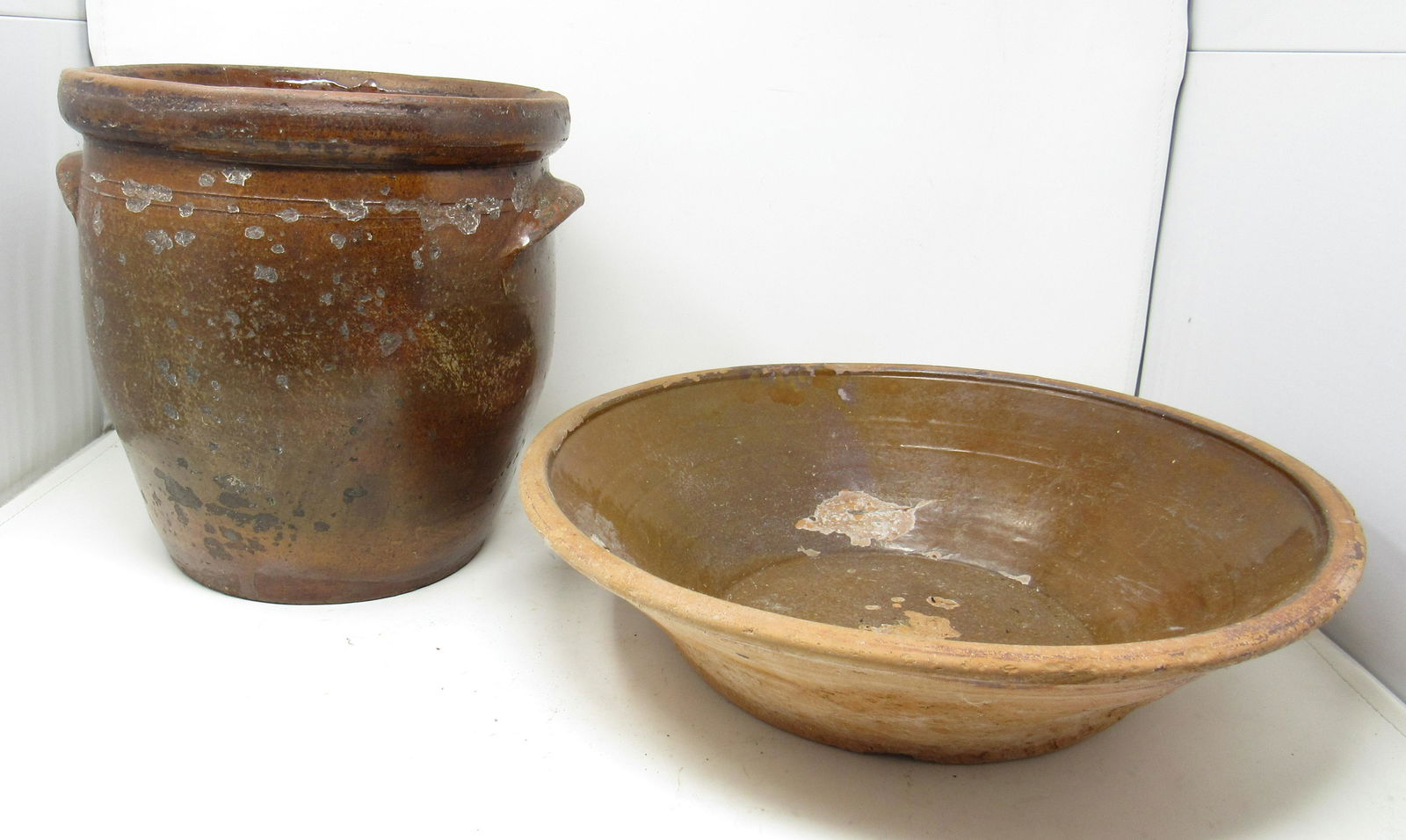 Redware Crock and Bowl: Crock is apprx 10 1/2" in diameter and 10 1/2" tall.
