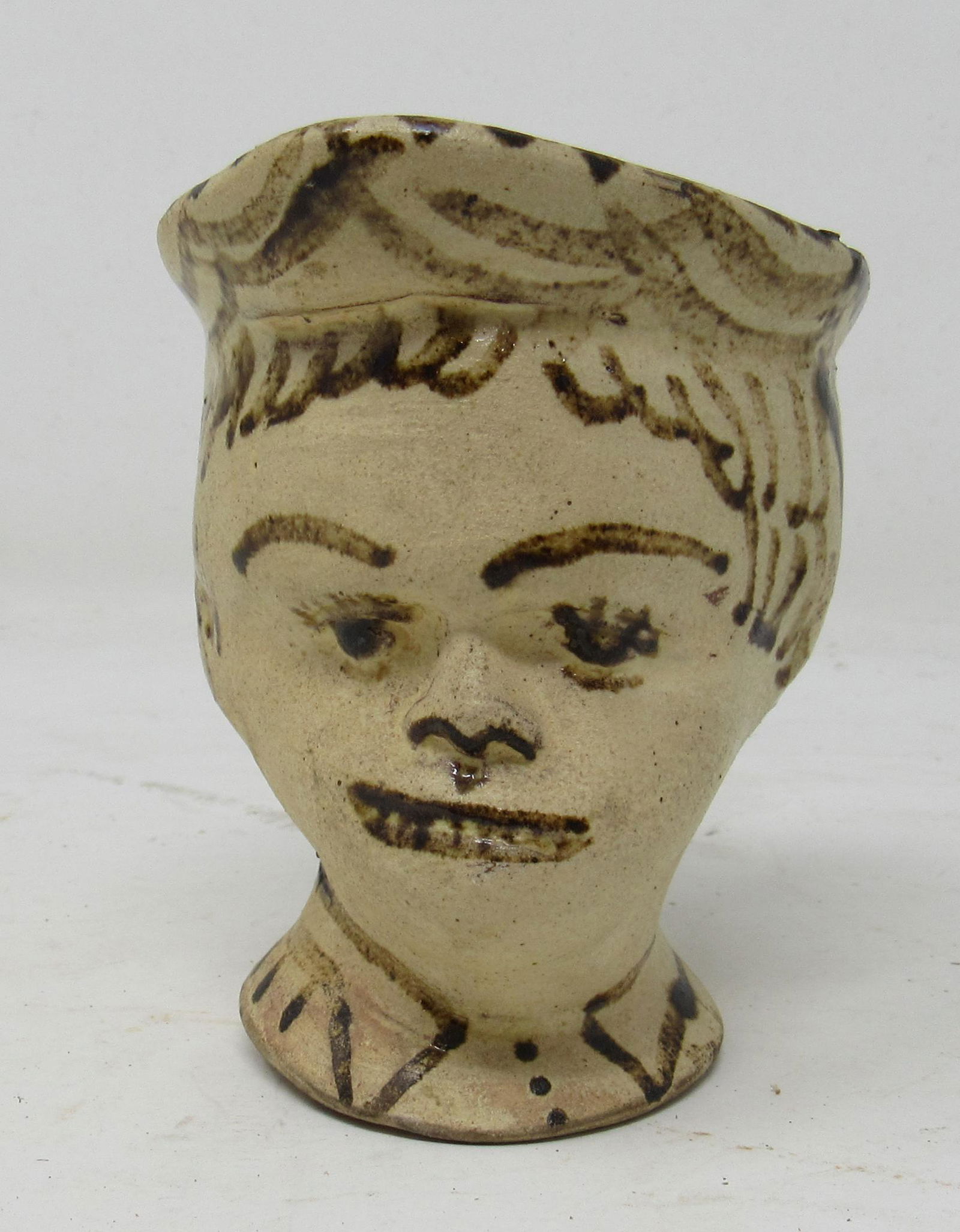 Redware Cup w/ Slip Glaze African American Face: Approx 3 3/8" tall
