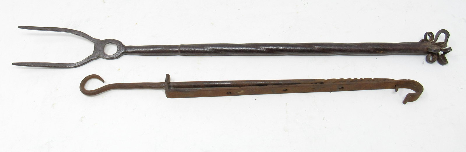Wrought Iron Fork & Miniature Fireplace Crane: Fork is approx 16 5/8" long. These may be reproductions. Use your own judgement