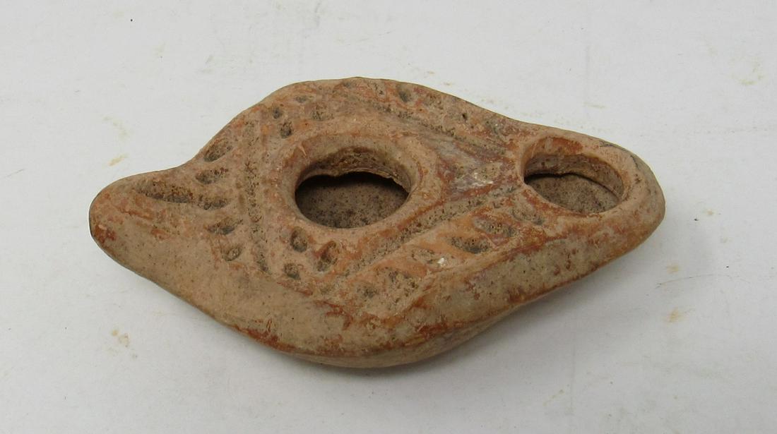 Roman Redware Lamp: Approx 2 1/4" x 3 3/4"